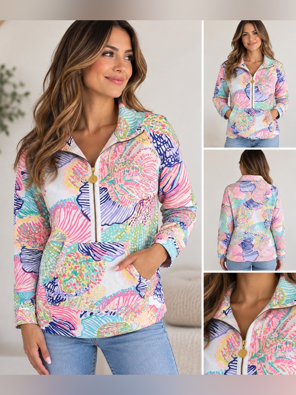 Lilly Pulitzer Skipper Popover Top Womens Multicolor 1/2 Zip Long Sleeve Size M